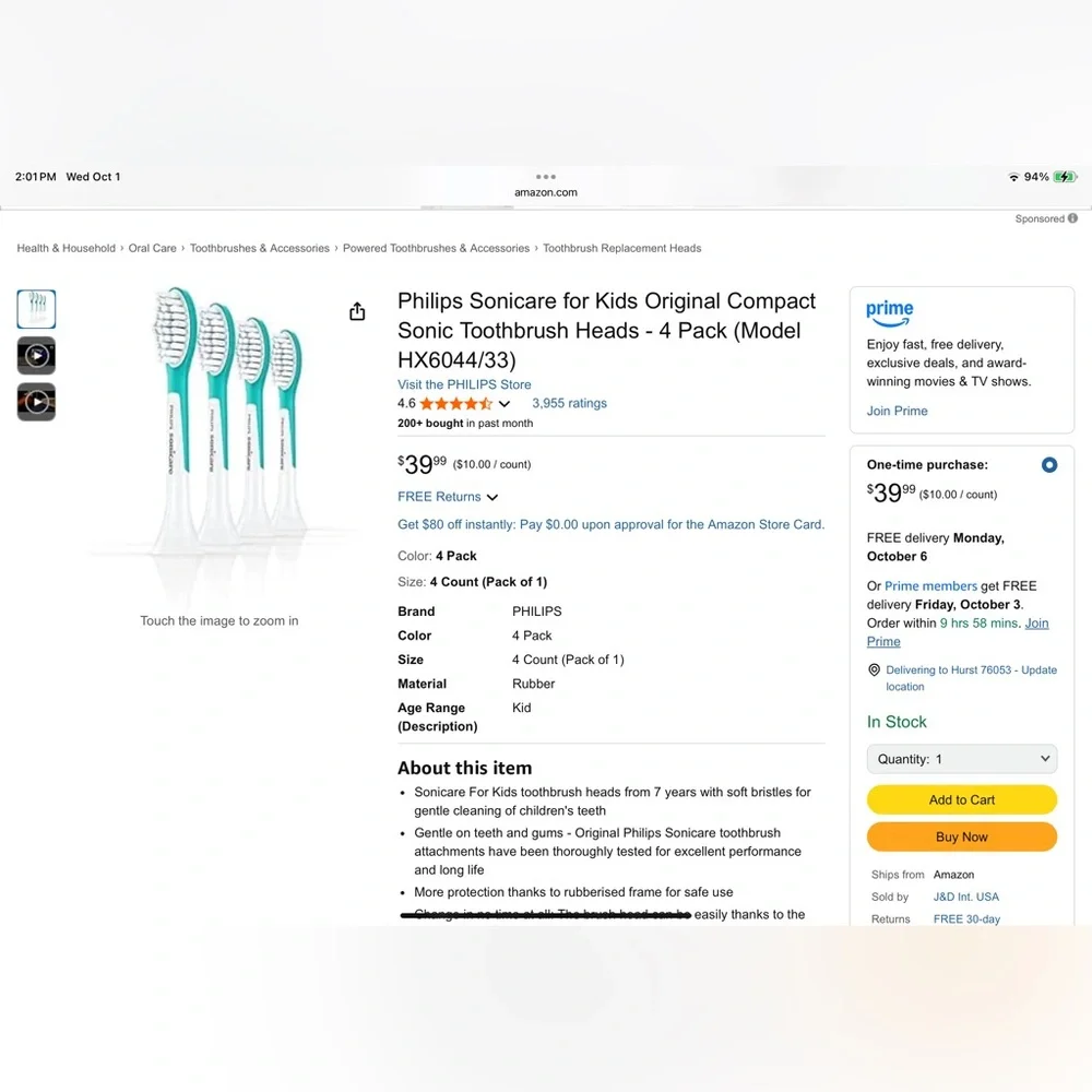 3 Philips Sonicare Kids HX6044 Replacement Toothbrush Heads For Ages 7+